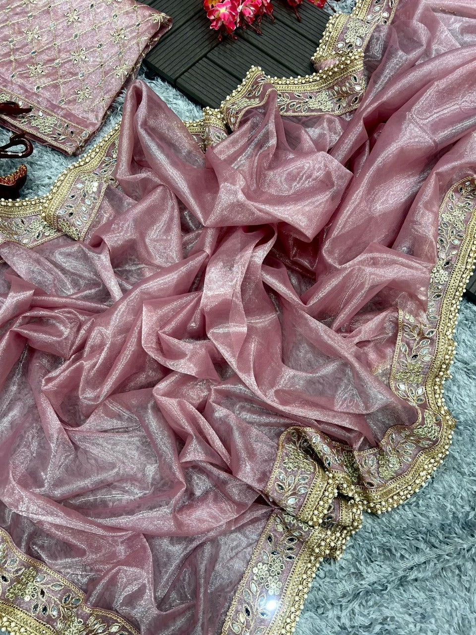 Mirror Work Tissue silk embroidery work saree