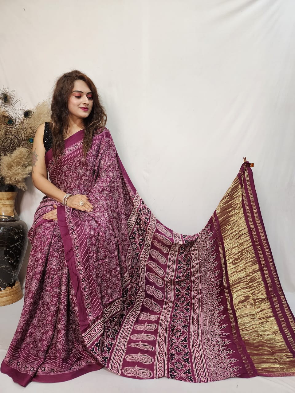 Modal Silk Ajrakh work Saree