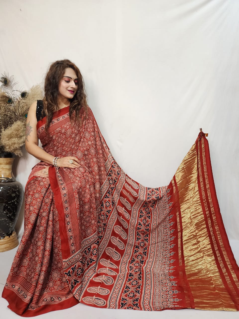 Modal Silk Ajrakh work Saree