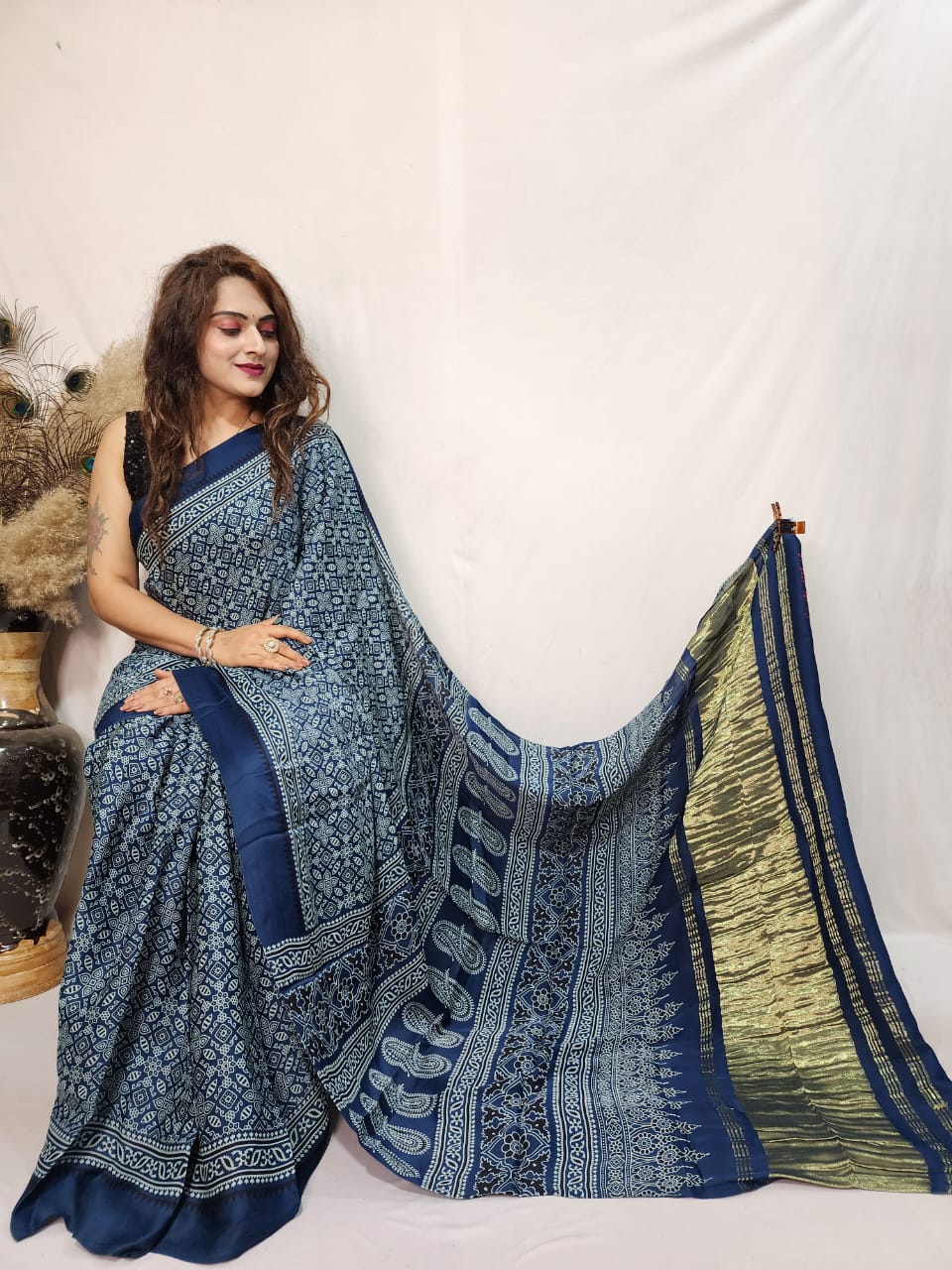 Modal Silk Ajrakh work Saree