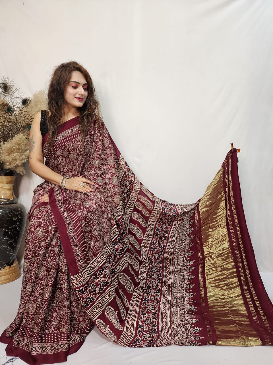Modal Silk Ajrakh work Saree
