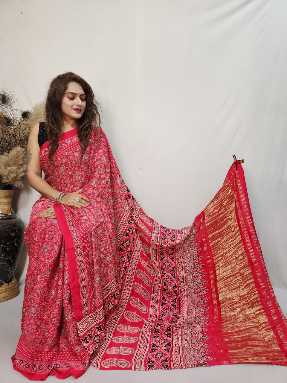 Modal Silk Ajrakh work Saree