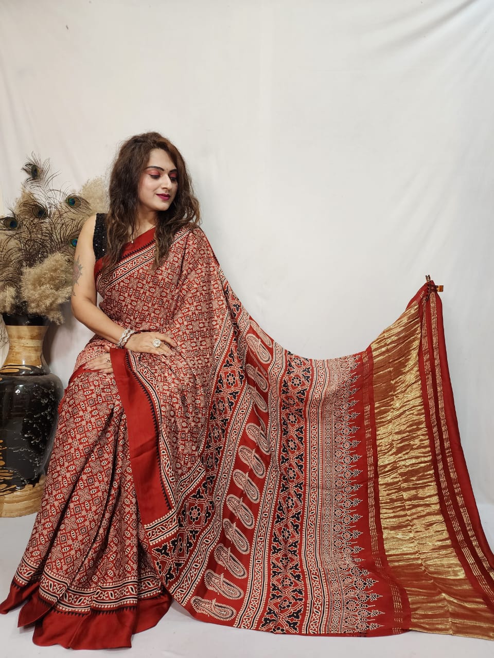 Modal Silk Ajrakh work Saree