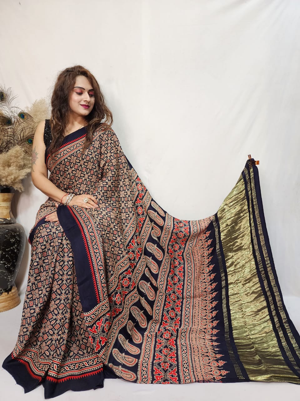 Modal Silk Ajrakh work Saree