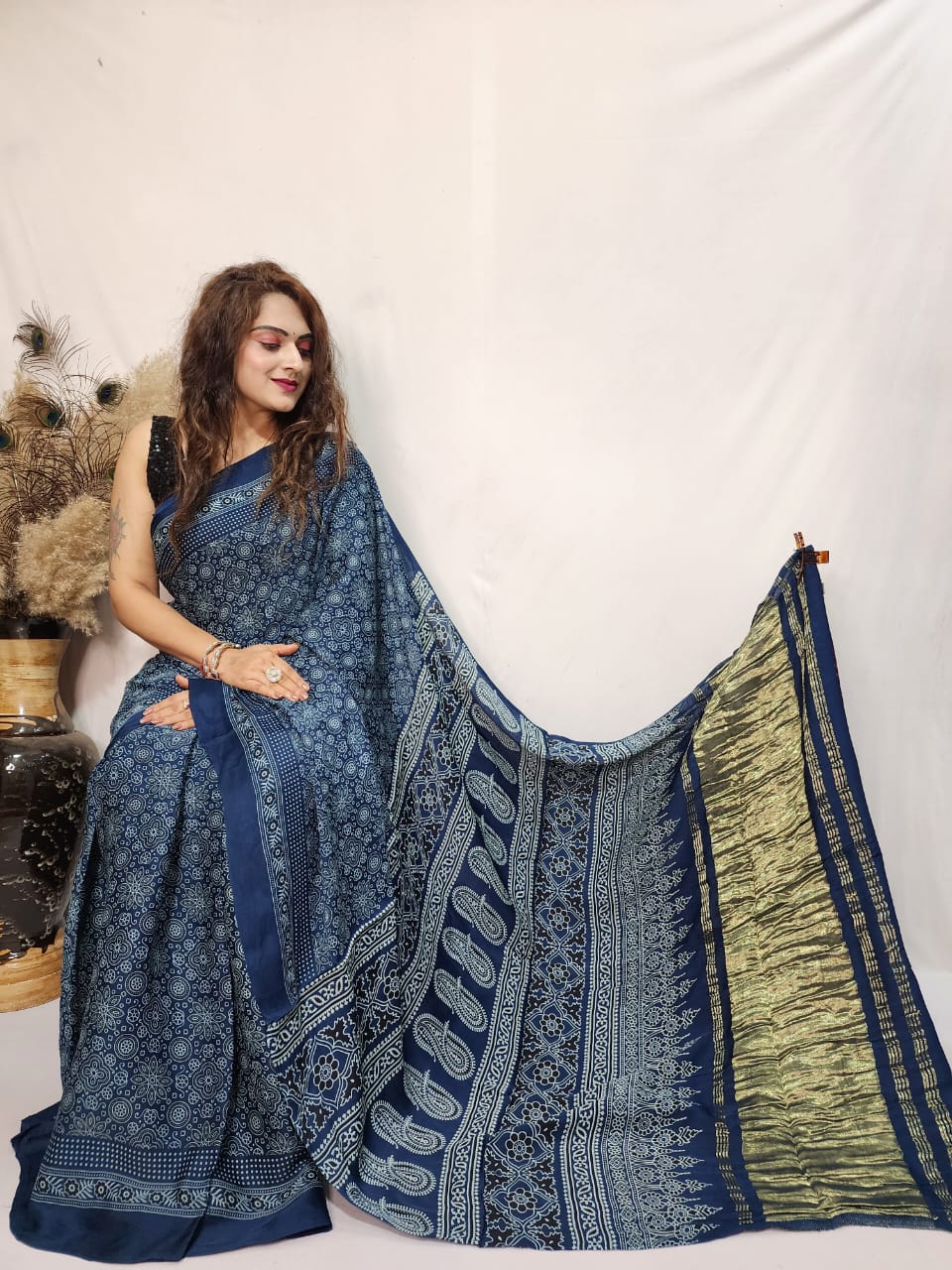 Modal Silk Ajrakh work Saree