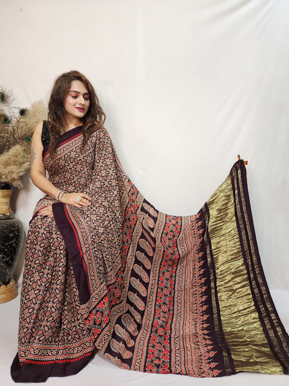 Modal Silk Ajrakh work Saree