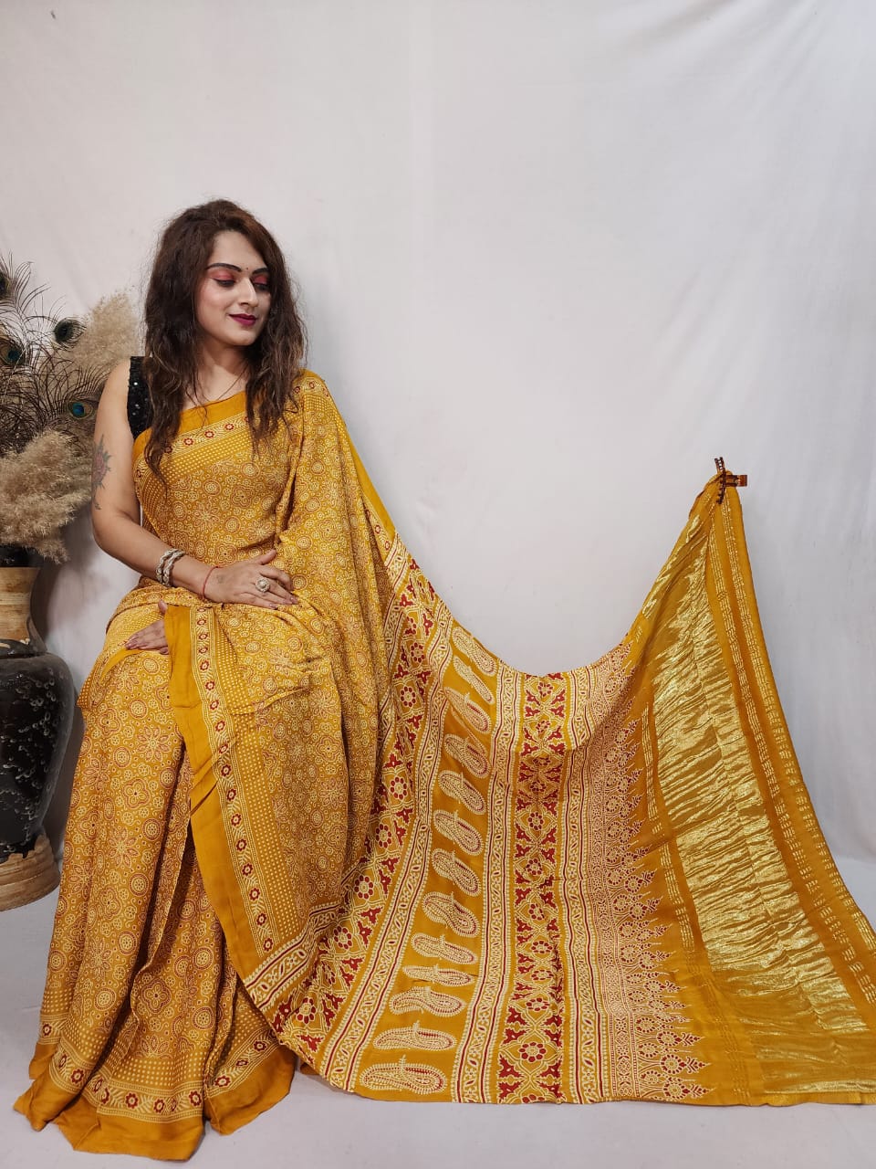 Modal Silk Ajrakh work Saree