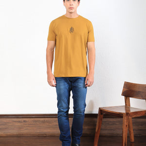 Rare Rabbit Men's Ware Mustard Cotton Lycra Fabric Crew Neck Half Sleeves Regular Fit Embroidered Monogram T-Shirt