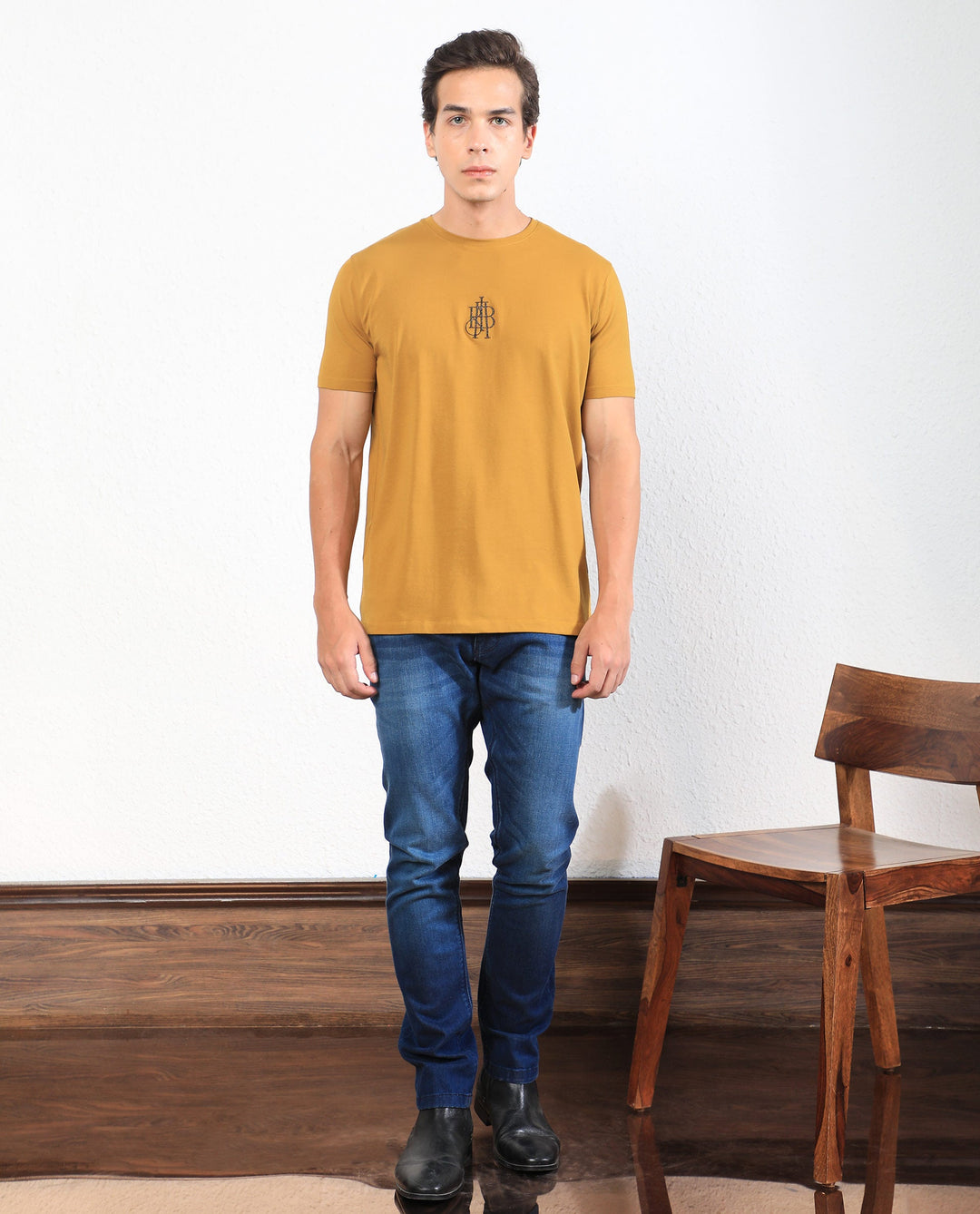 Rare Rabbit Men's Ware Mustard Cotton Lycra Fabric Crew Neck Half Sleeves Regular Fit Embroidered Monogram T-Shirt