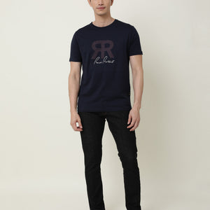 RARE RABBIT MENS NEAR NAVY T-SHIRT COTTON FABRIC SLIM FIT CREW NECK SHORT SLEEVE GRAPHIC PRINT