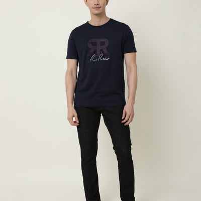 RARE RABBIT MENS NEAR NAVY T-SHIRT COTTON FABRIC SLIM FIT CREW NECK SHORT SLEEVE GRAPHIC PRINT