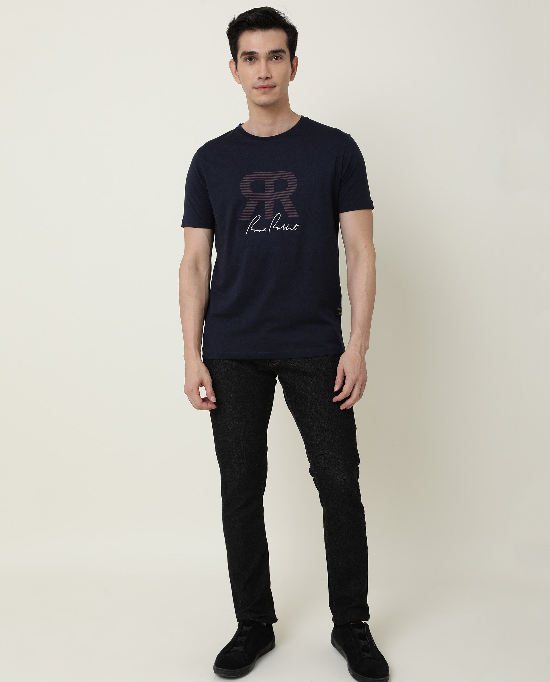 RARE RABBIT MENS NEAR NAVY T-SHIRT COTTON FABRIC SLIM FIT CREW NECK SHORT SLEEVE GRAPHIC PRINT