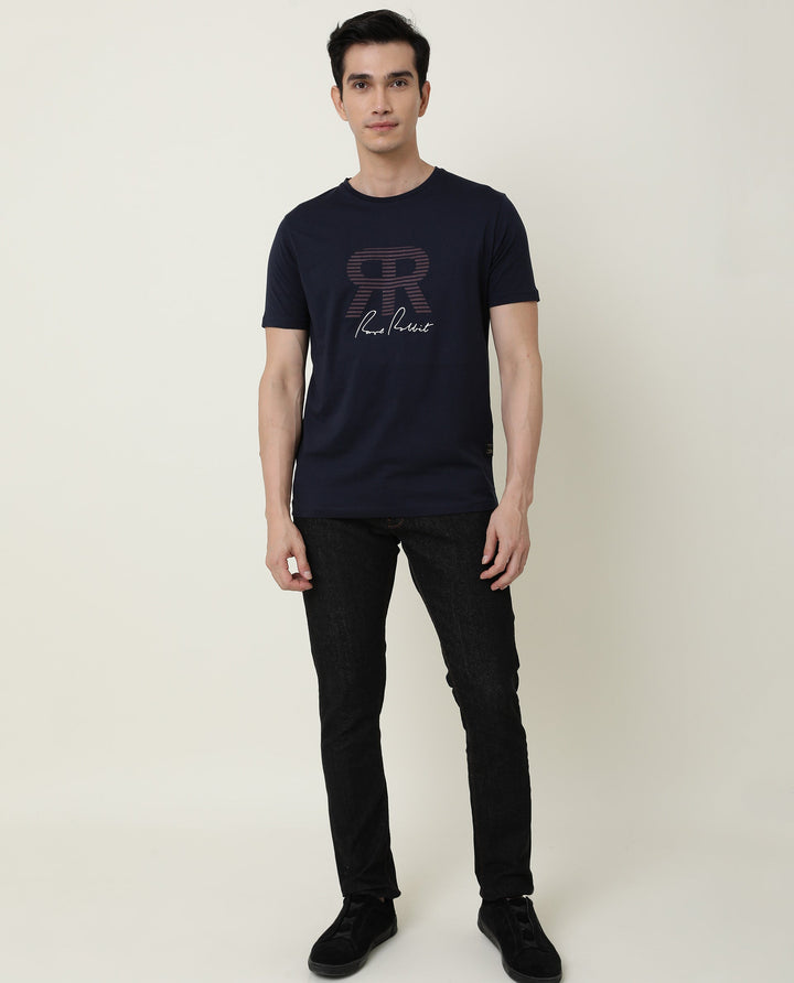 RARE RABBIT MENS NEAR NAVY T-SHIRT COTTON FABRIC SLIM FIT CREW NECK SHORT SLEEVE GRAPHIC PRINT