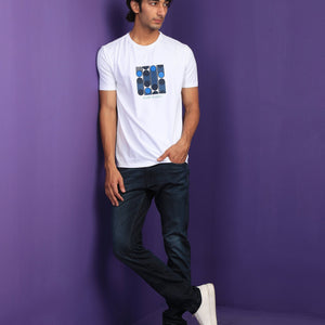 Rare Rabbit Men's Forest White Crew Neck Placement Graphic Print Slim Fit T-Shirt