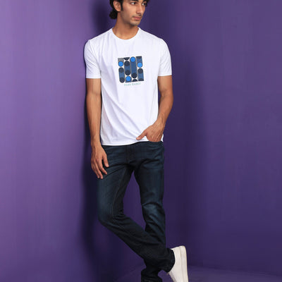 Rare Rabbit Men's Forest White Crew Neck Placement Graphic Print Slim Fit T-Shirt