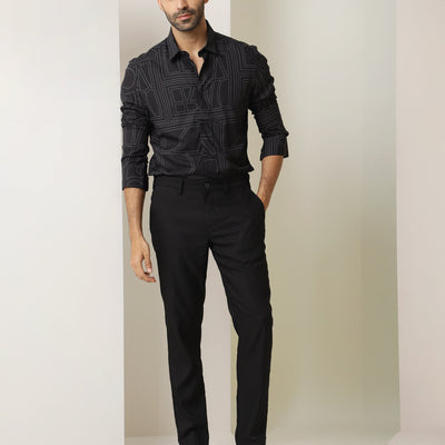 Rare Rabbit Men's Malfor Black Viscose Fabric Graphic Print Full Sleeves Shirt