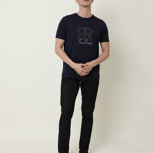RARE RABBIT MENS NEAR NAVY T-SHIRT COTTON FABRIC SLIM FIT CREW NECK SHORT SLEEVE GRAPHIC PRINT
