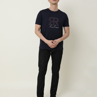 RARE RABBIT MENS NEAR NAVY T-SHIRT COTTON FABRIC SLIM FIT CREW NECK SHORT SLEEVE GRAPHIC PRINT