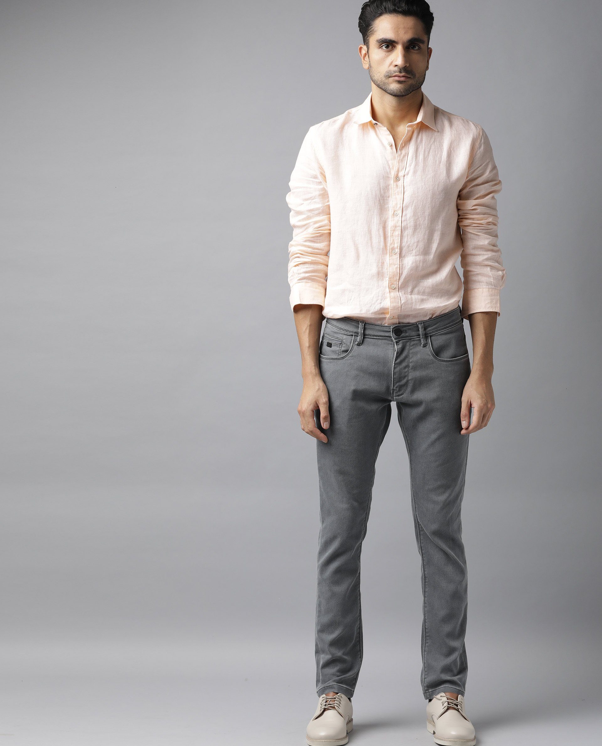 Rare Rabbit Men's Quad Light Grey Mid-Rise Garment Dyed Regular Fit Jeans