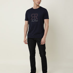 RARE RABBIT MENS NEAR NAVY T-SHIRT COTTON FABRIC SLIM FIT CREW NECK SHORT SLEEVE GRAPHIC PRINT