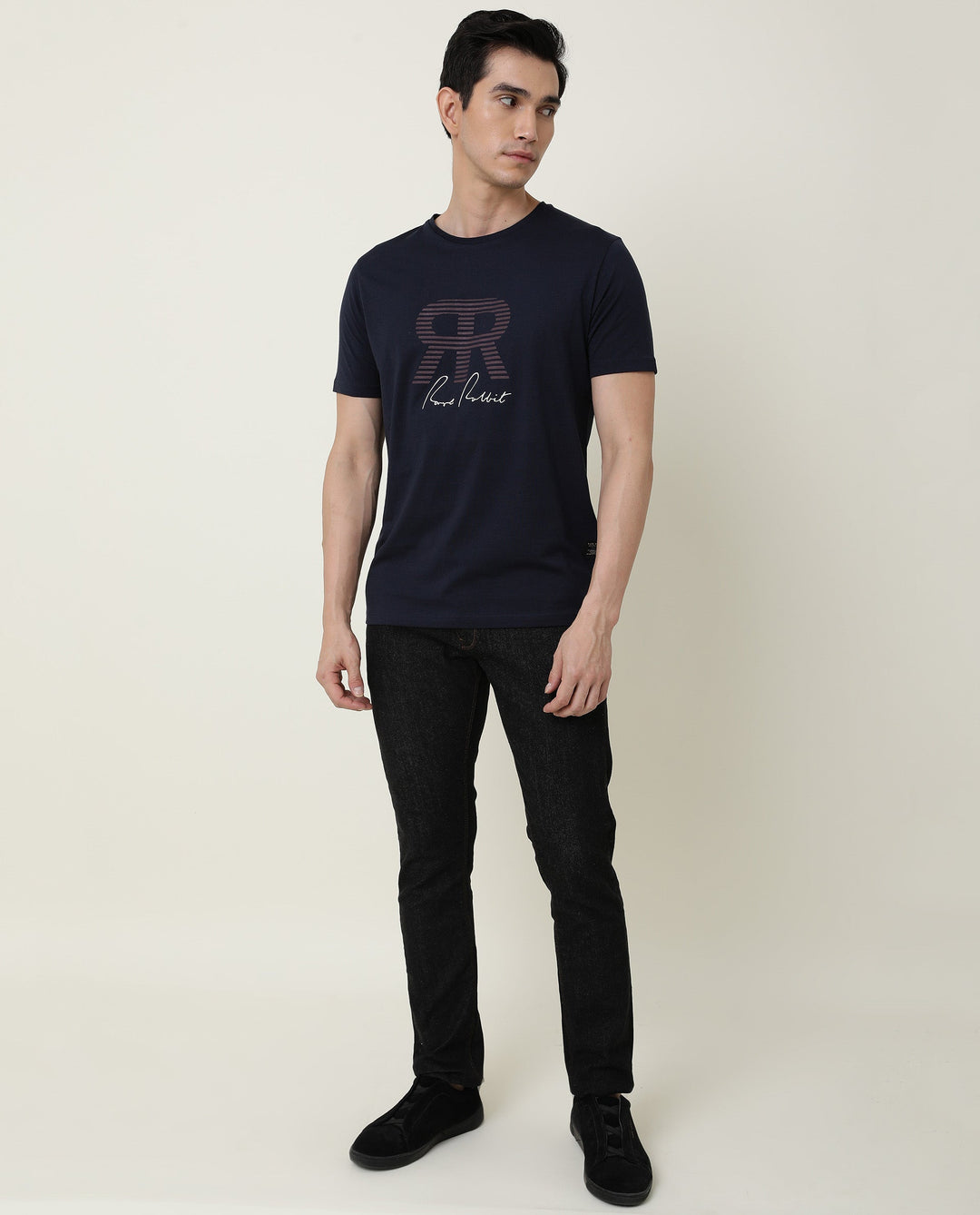 RARE RABBIT MENS NEAR NAVY T-SHIRT COTTON FABRIC SLIM FIT CREW NECK SHORT SLEEVE GRAPHIC PRINT