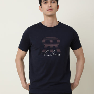RARE RABBIT MENS NEAR NAVY T-SHIRT COTTON FABRIC SLIM FIT CREW NECK SHORT SLEEVE GRAPHIC PRINT