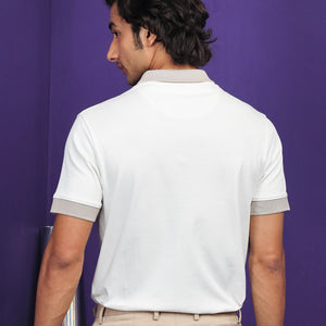 Rare Rabbit Men's Carmelo Off-White Cotton Fabric Johnny Collar Contrasting Sleeves And Collar Half Sleeve Polo T-Shirt