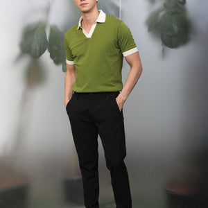 Rare Rabbit Men's Carmelo Olive Cotton Fabric Johnny Collar Contrasting Sleeves And Collar Half Sleeve Polo T-Shirt