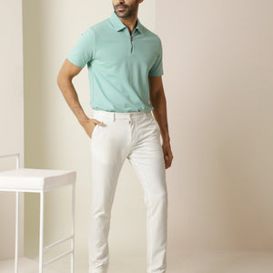 Rare Rabbit Men's Stel Pastel Green Cotton Fabric Collared Neck Zipper Closure Half Sleeves Flat Knit Polo T-Shirt