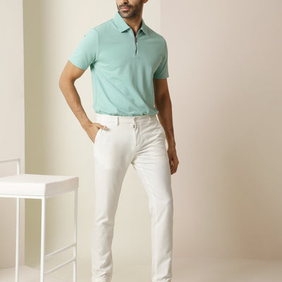 Rare Rabbit Men's Stel Pastel Green Cotton Fabric Collared Neck Zipper Closure Half Sleeves Flat Knit Polo T-Shirt