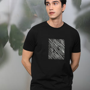 Rare Rabbit Men's Otter Black Cotton Lycra Fabric Half Sleeves Graphic Print T-Shirt