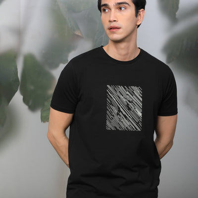 Rare Rabbit Men's Otter Black Cotton Lycra Fabric Half Sleeves Graphic Print T-Shirt