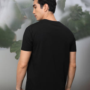 Rare Rabbit Men's Otter Black Cotton Lycra Fabric Half Sleeves Graphic Print T-Shirt