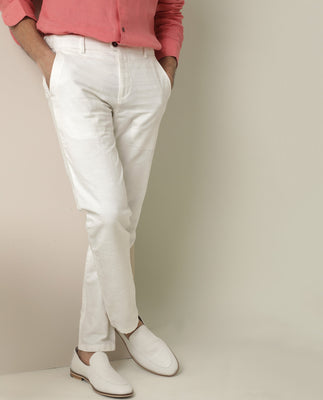 Rare Rabbit Men's Jeck White Mid-Rise Regular Fit Premium Jacquard Trouser