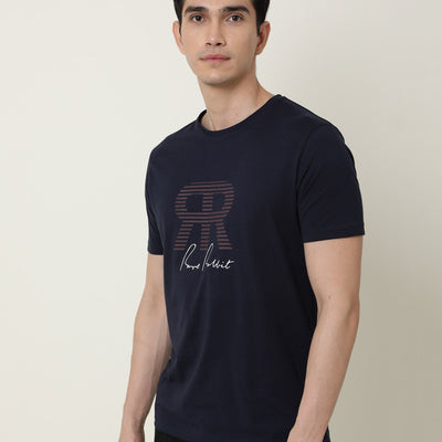 RARE RABBIT MENS NEAR NAVY T-SHIRT COTTON FABRIC SLIM FIT CREW NECK SHORT SLEEVE GRAPHIC PRINT