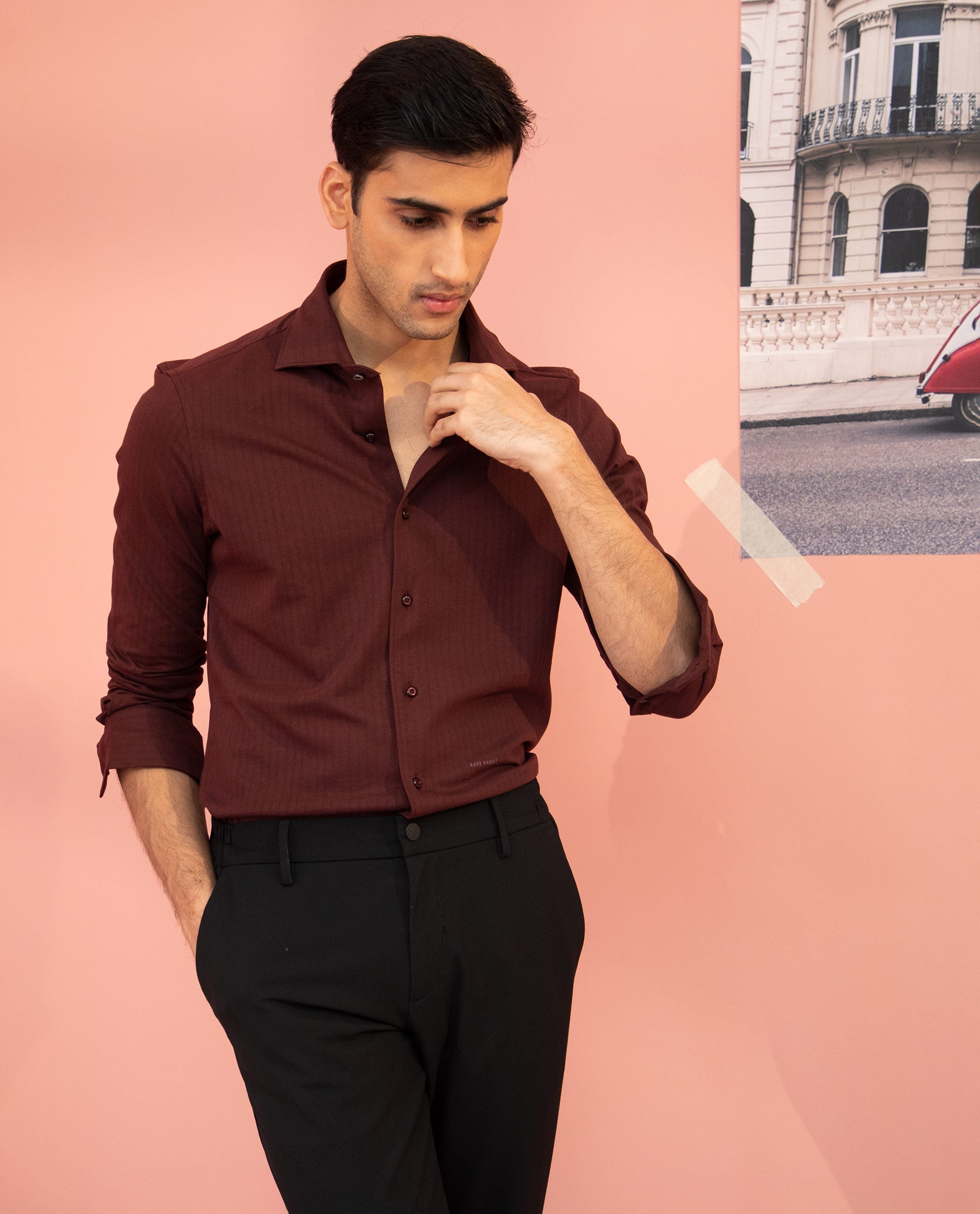 Rare Rabbit Men's Vertical Maroon Cotton Fabric Full Sleeves Striped Shirt