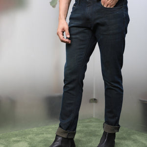 Rare Rabbit Men's Genevo Dusky Blue Mid-Rise Dark Wash Regular Fit Jeans
