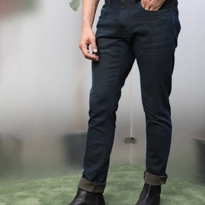 Rare Rabbit Men's Genevo Dusky Blue Mid-Rise Dark Wash Regular Fit Jeans