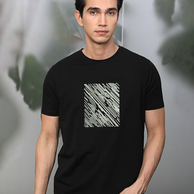 Rare Rabbit Men's Otter Black Cotton Lycra Fabric Half Sleeves Graphic Print T-Shirt