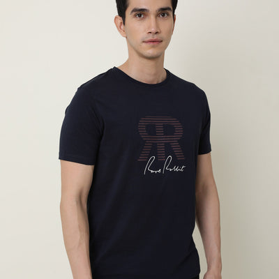 RARE RABBIT MENS NEAR NAVY T-SHIRT COTTON FABRIC SLIM FIT CREW NECK SHORT SLEEVE GRAPHIC PRINT