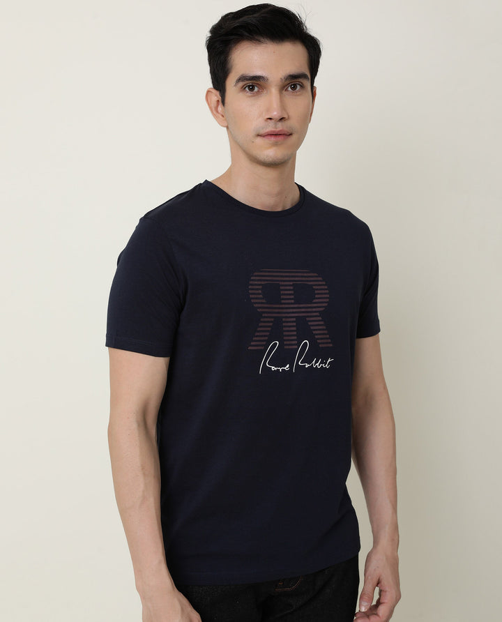 RARE RABBIT MENS NEAR NAVY T-SHIRT COTTON FABRIC SLIM FIT CREW NECK SHORT SLEEVE GRAPHIC PRINT