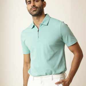 Rare Rabbit Men's Stel Pastel Green Cotton Fabric Collared Neck Zipper Closure Half Sleeves Flat Knit Polo T-Shirt
