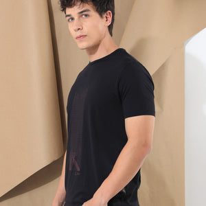 RARE RABBIT MEN'S DOTTER BLACK T-SHIRT COTTON FABRIC CREW NECK HALF SLEEVES SLIM FIT
