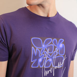 Rare Rabbit Men's Fulton Purple Crew Neck Abstract Graphic Print With Branding Half Sleeves Regular Fit T-Shirt