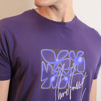 Rare Rabbit Men's Fulton Purple Crew Neck Abstract Graphic Print With Branding Half Sleeves Regular Fit T-Shirt