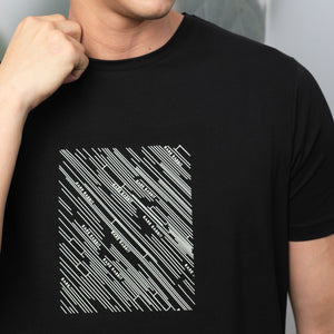 Rare Rabbit Men's Otter Black Cotton Lycra Fabric Half Sleeves Graphic Print T-Shirt