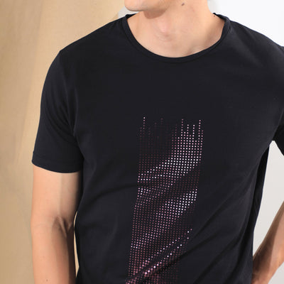 RARE RABBIT MEN'S DOTTER BLACK T-SHIRT COTTON FABRIC CREW NECK HALF SLEEVES SLIM FIT