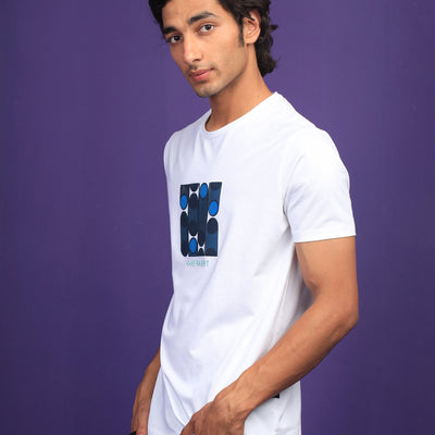 Rare Rabbit Men's Forest White Crew Neck Placement Graphic Print Slim Fit T-Shirt
