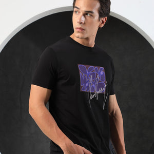 Rare Rabbit Men's Fulton Black Crew Neck Abstract Graphic Print With Branding Half Sleeves Regular Fit T-Shirt