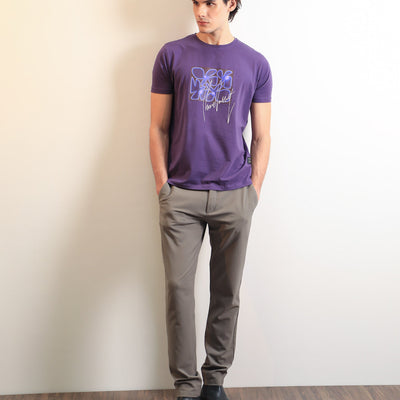 Rare Rabbit Men's Fulton Purple Crew Neck Abstract Graphic Print With Branding Half Sleeves Regular Fit T-Shirt